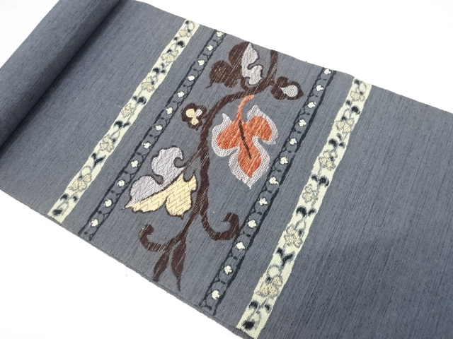 アンティーク　手織り紬　蔦の葉模様織り出し　名古屋帯地反物